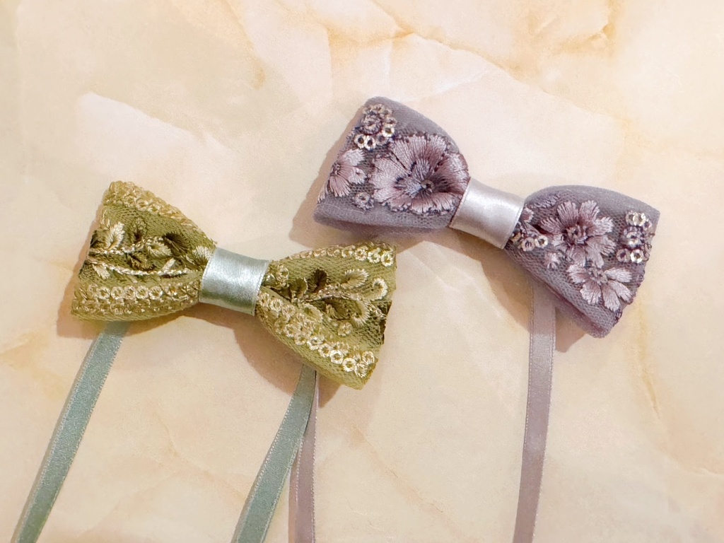 ぬい用アクセサリー　大きな刺繍リボン（緑/紫）