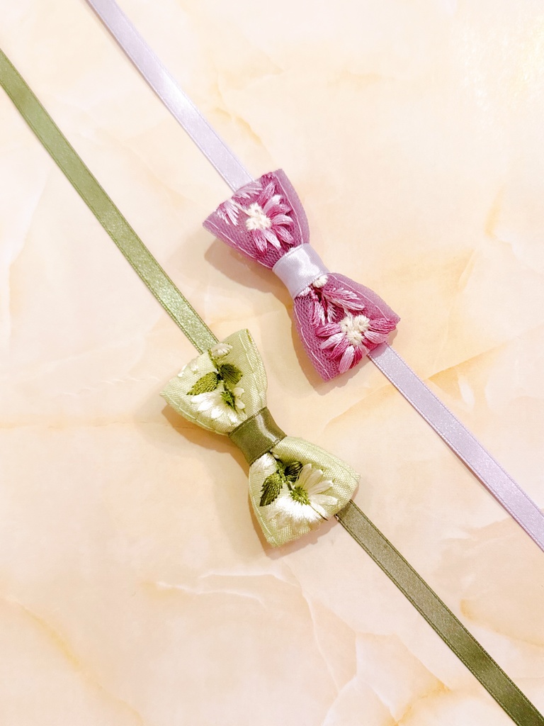 ぬい用アクセサリー　春の刺繍リボン（緑/紫）
