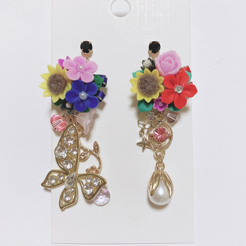 向日葵　カラフルピアス　ハンドメイド　スワロフスキー　ピアス