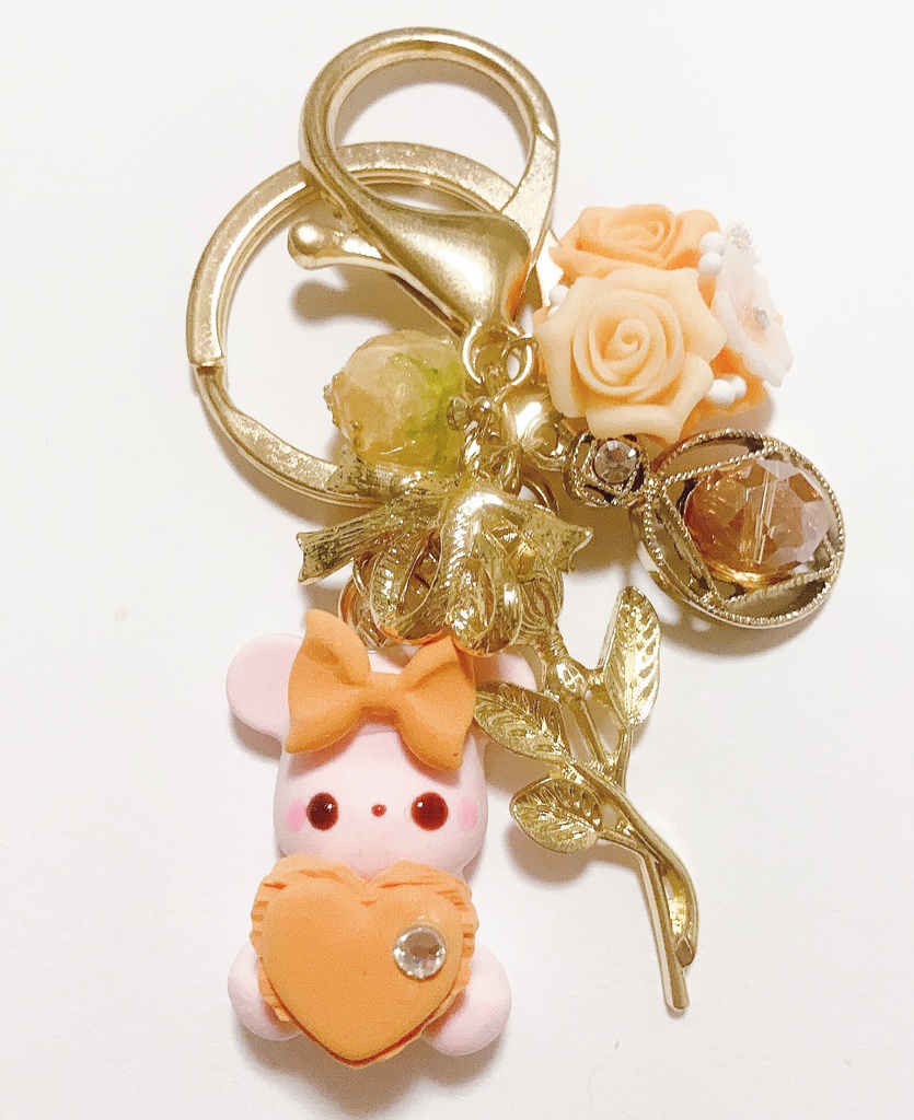 (橙)クマちゃんと樹脂薔薇　ハンドメイド  バッグチャーム　キーホルダー