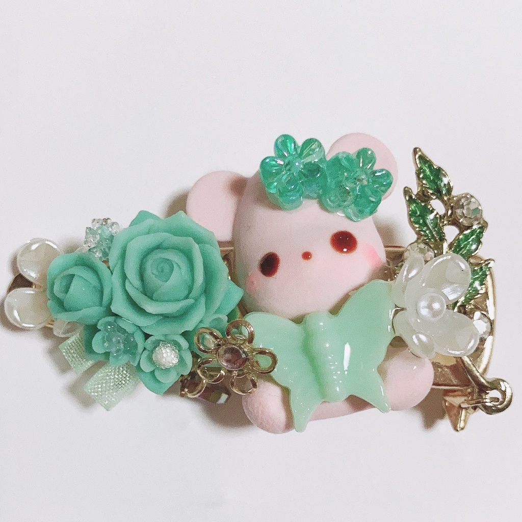 (緑)薔薇ヘアクリップ　メルヘン　クマクリップ