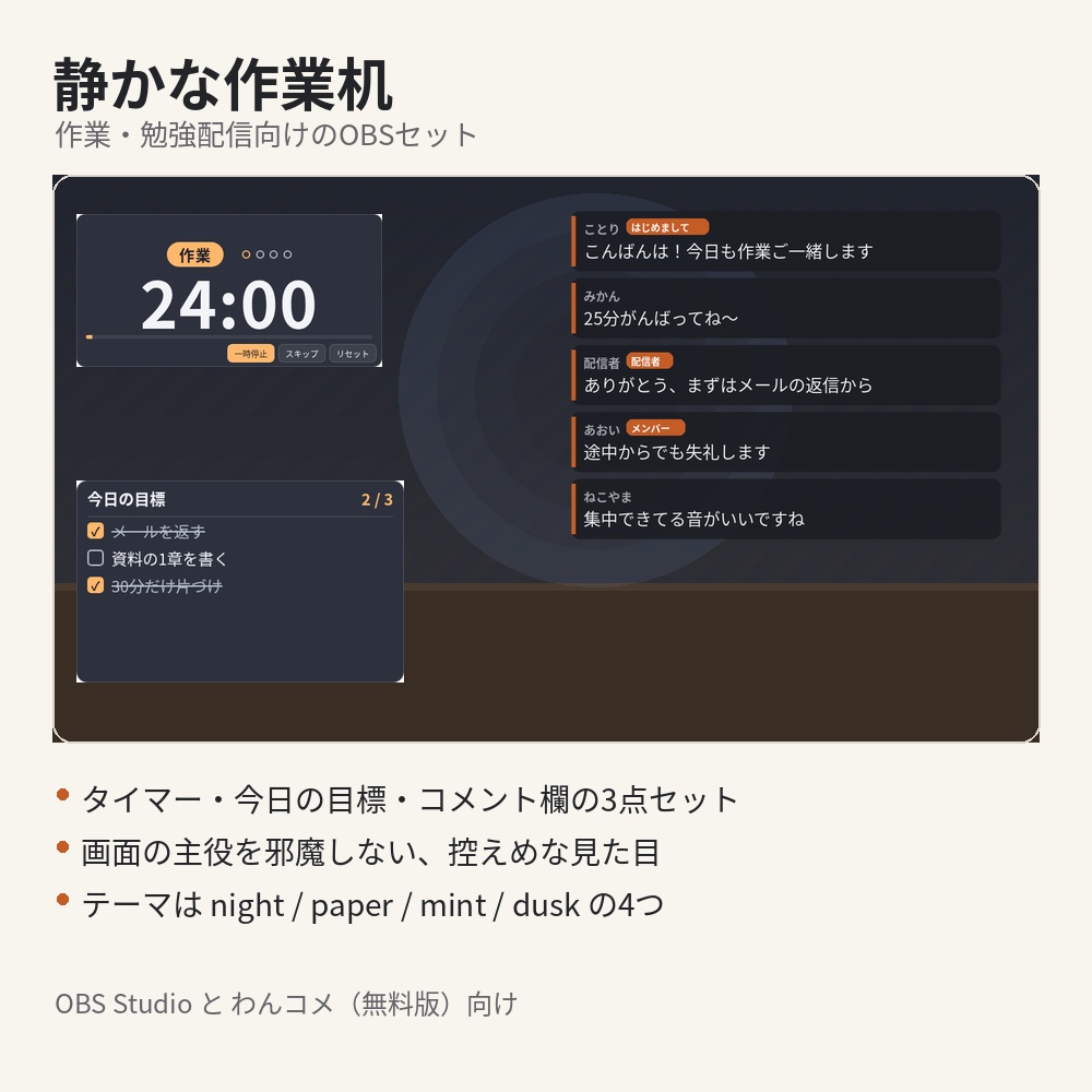 【わんコメ・OBS】静かな作業机｜ポモドーロタイマー＋コメント欄＋今日の目標【作業・勉強配信】
