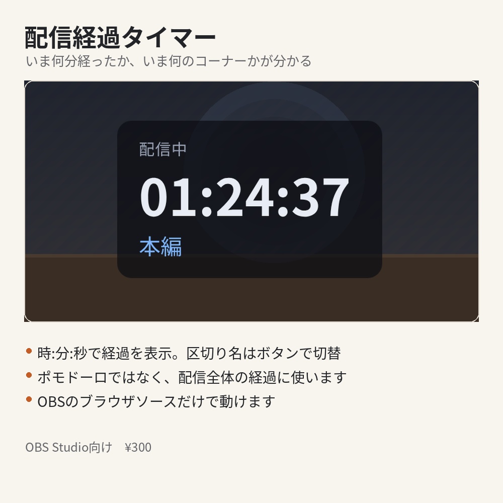 【OBS】配信経過タイマー＋区切りメモ｜作業・勉強配信向け