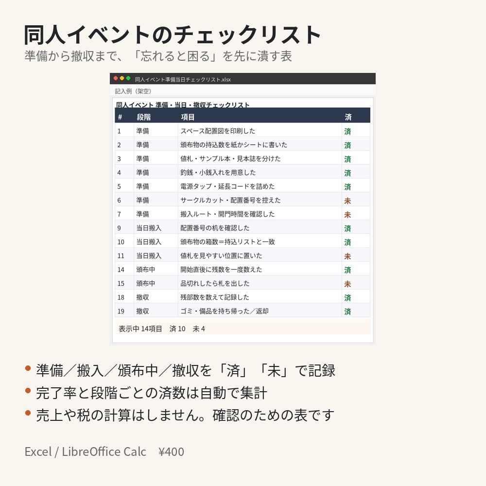【Excel】同人イベント 準備・当日・撤収チェックリスト