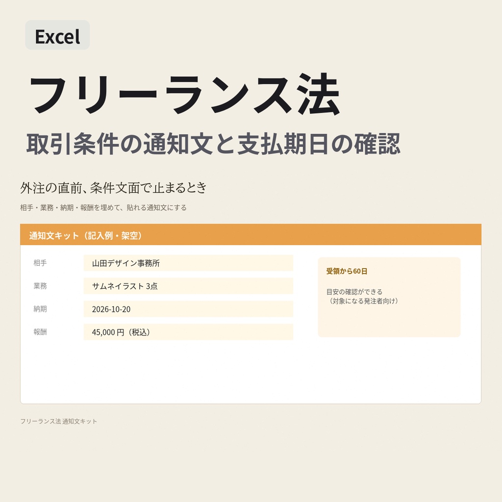 【Excel】フリーランス法｜取引条件の通知文と支払期日の確認