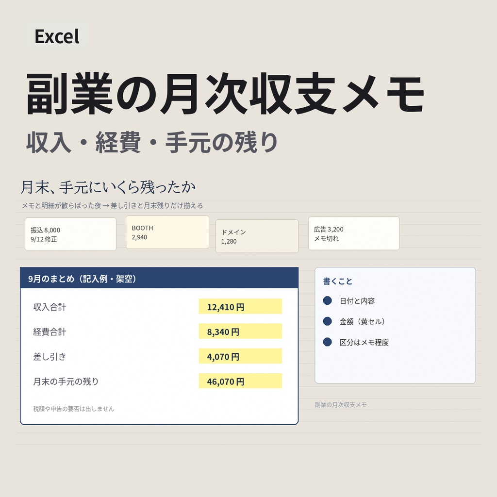 【Excel】副業の月次収支メモ｜収入・経費・手元の残り