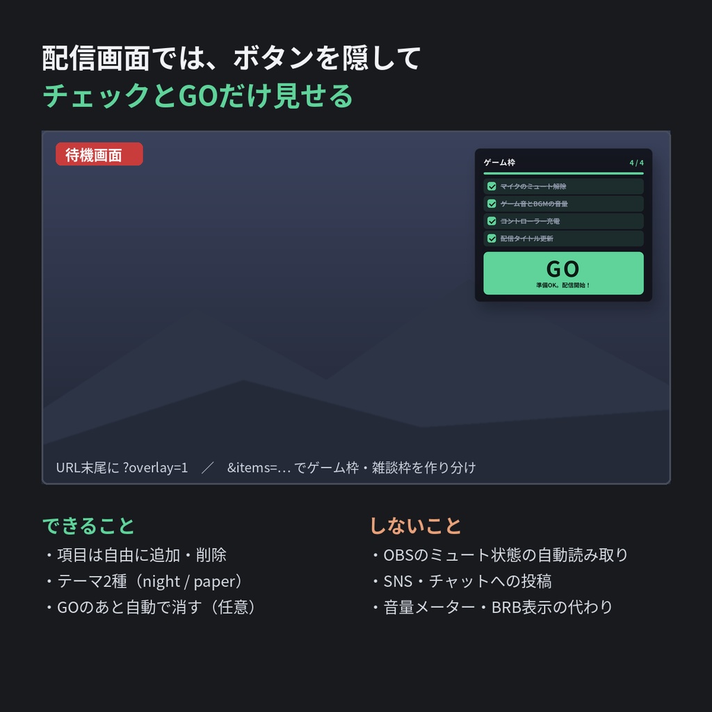 【OBS】配信前チェックパネル|全部チェックで「GO」が出る