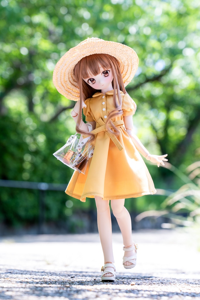 MDD S〜M胸サイズ パフスリーブワンピ(イエロー)+ウエストリボン