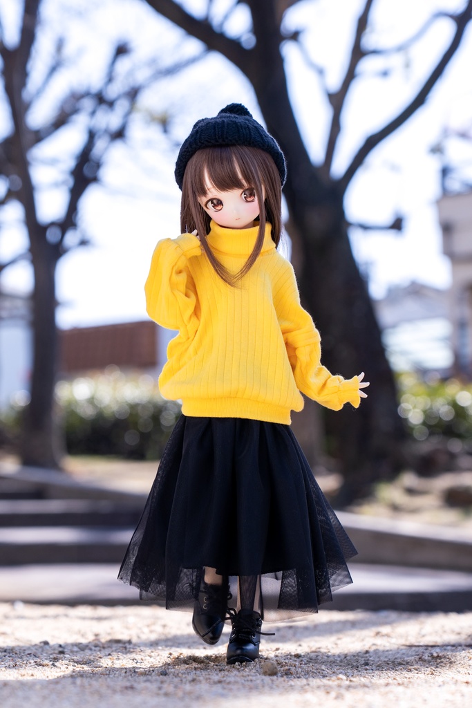 【10月26日開始】MDD S〜L胸サイズ オーバーサイズタートルニット(イエロー)&チュールロングスカート(ブラック)2点セット