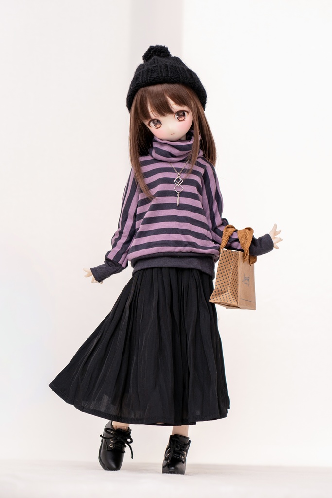 MDD/S〜L胸サイズ　タートルカットソー(スモーキーパープル×チャコール)とロングスカート(ブラック)の2点セット