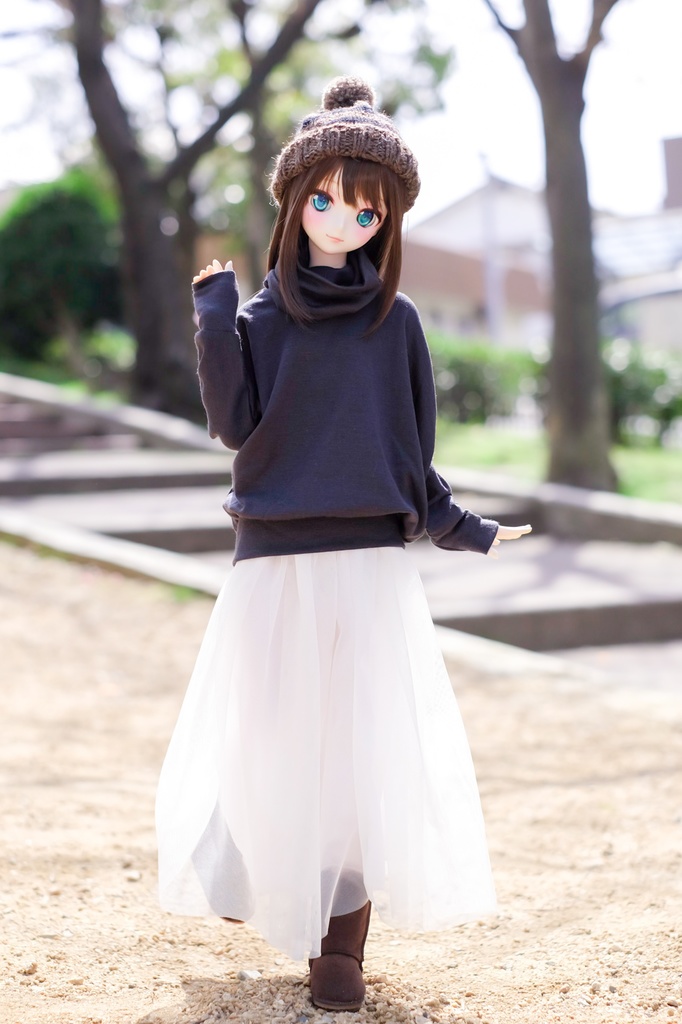 DD/S〜L胸サイズ オーバーサイズタートルカットソー(チャコール)＆チュールロングスカート(ホワイト)2点セット