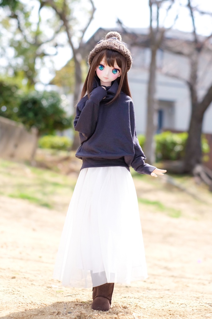 DD/S〜L胸サイズ オーバーサイズタートルカットソー(チャコール)&チュールロングスカート(ホワイト)2点セット