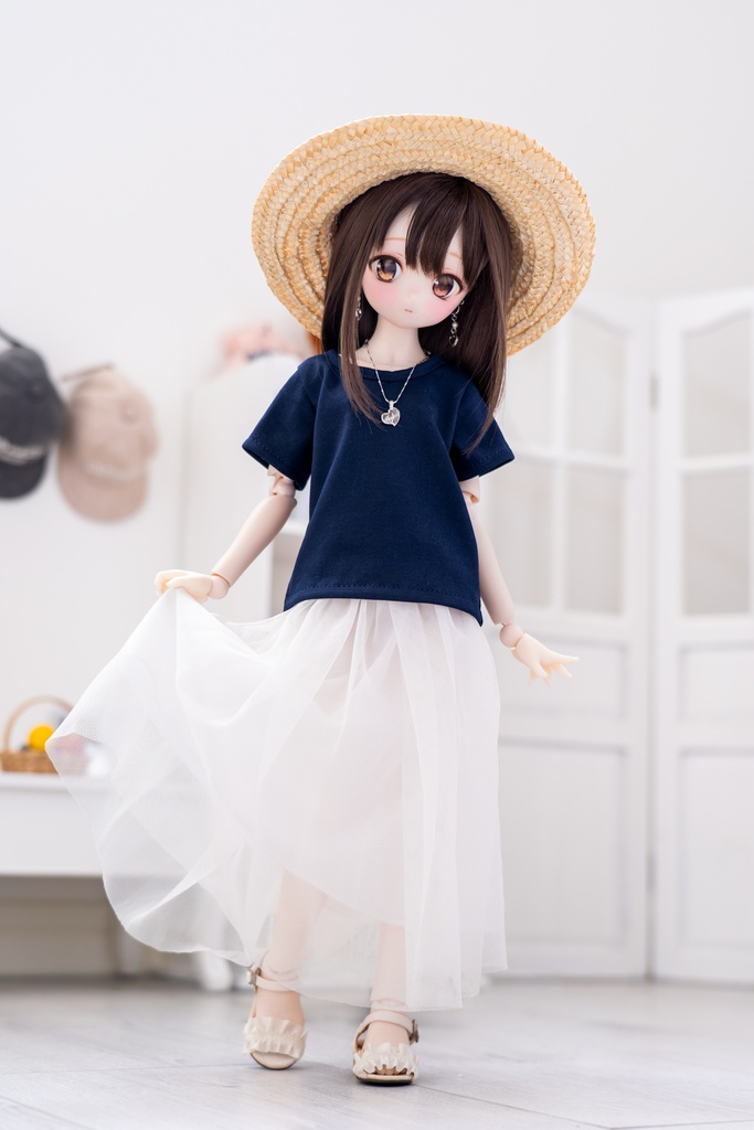 MDD S〜L胸サイズ Tシャツ(ネイビー)＆チュールロングスカート(オフホワイト)2点セット