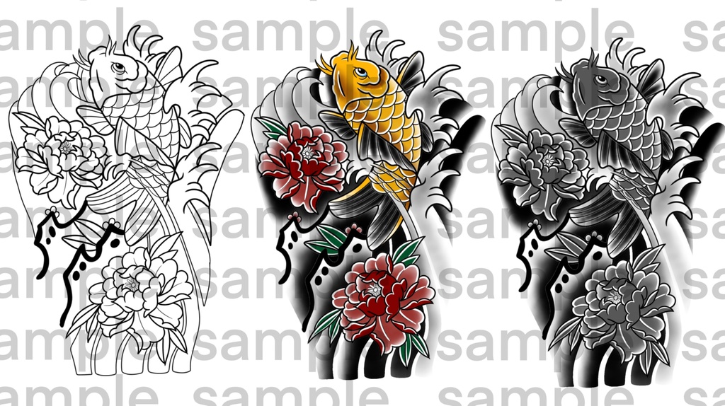 【珍飯亭共通素体専用】足 和彫り 〜牡丹と鯉〜 tattoo texture