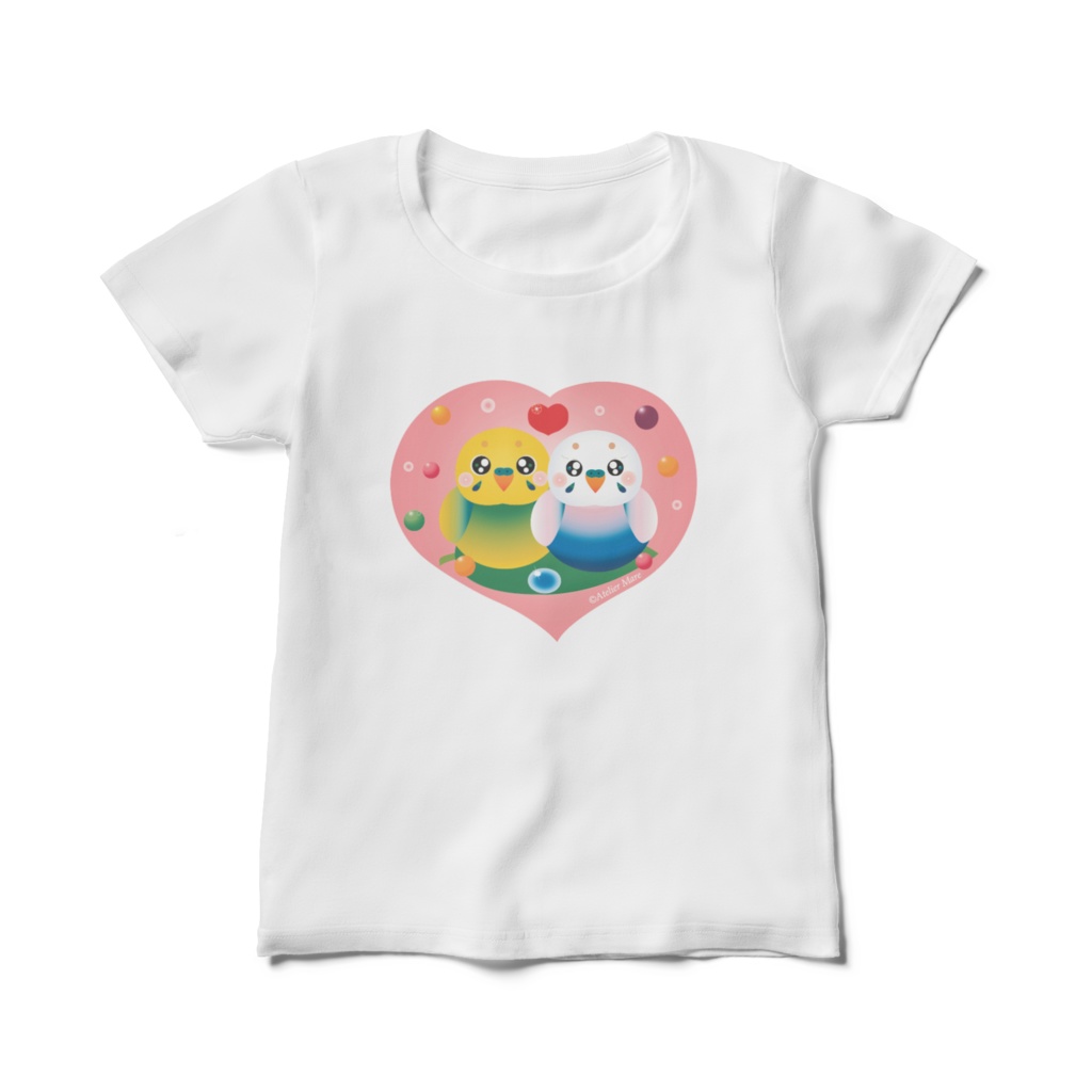 セキセイインコハート型（ピンク）レディースTシャツ