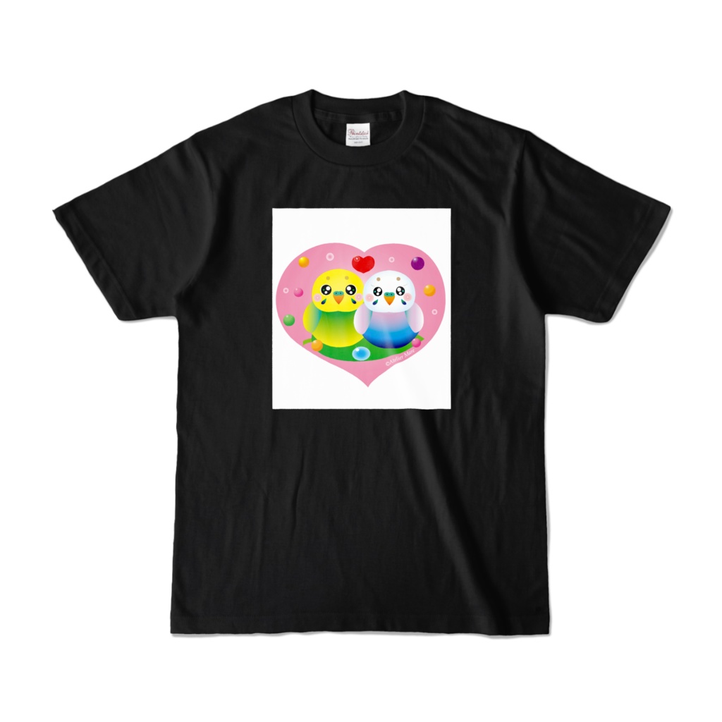 ラブラブ♡インコのカップル（ピンク）黒Tシャツ