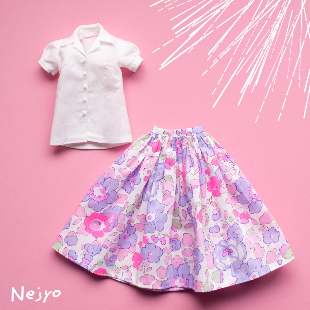 【momokodollサイズ】開襟シャツ&ギャザースカートセット　ピンク