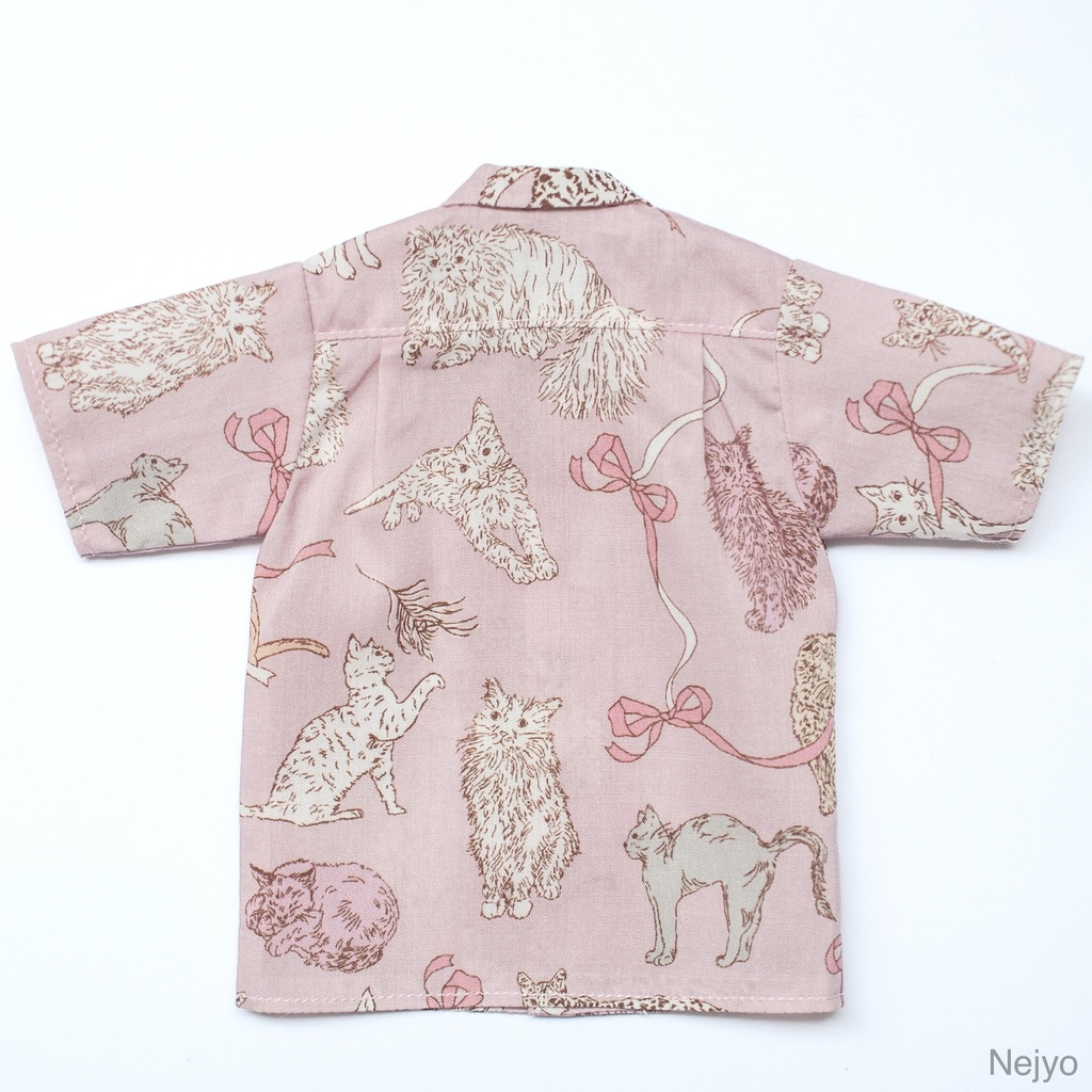 【オビツボディ30】半袖開襟シャツ『猫とリボン-ピンク』
