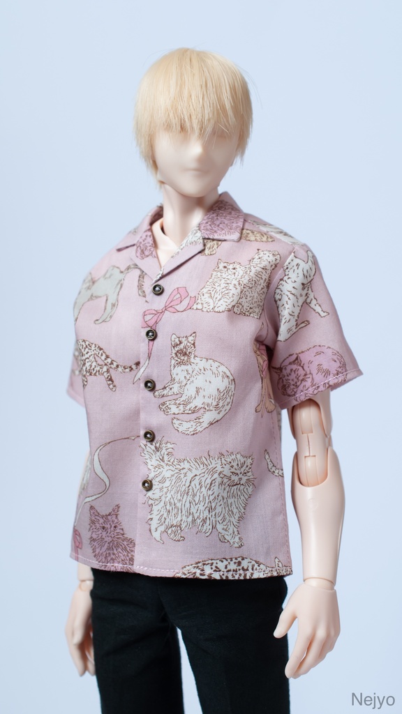 【オビツボディ30】半袖開襟シャツ『猫とリボン-ピンク』