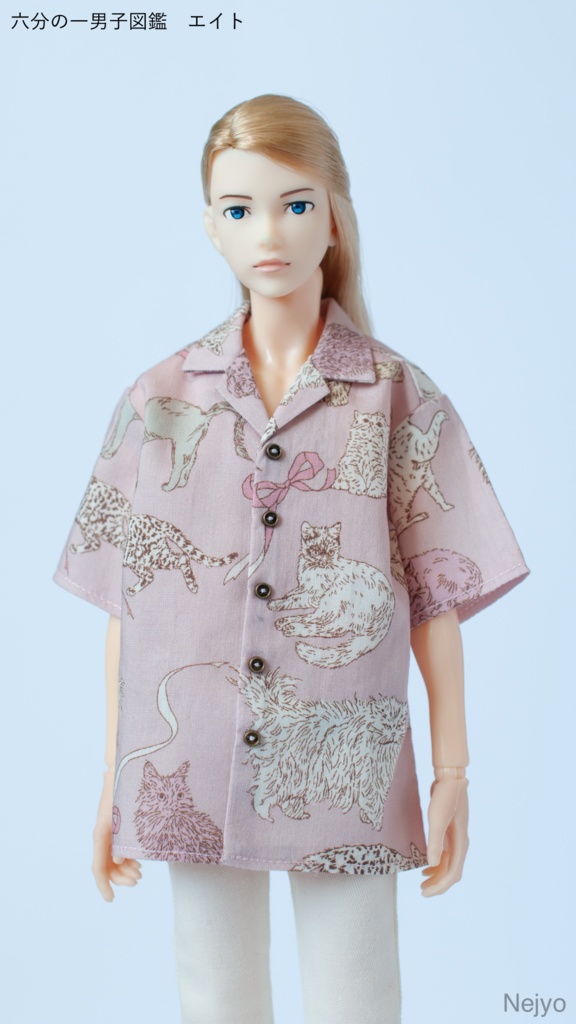 【オビツボディ30】半袖開襟シャツ『猫とリボン-ピンク』