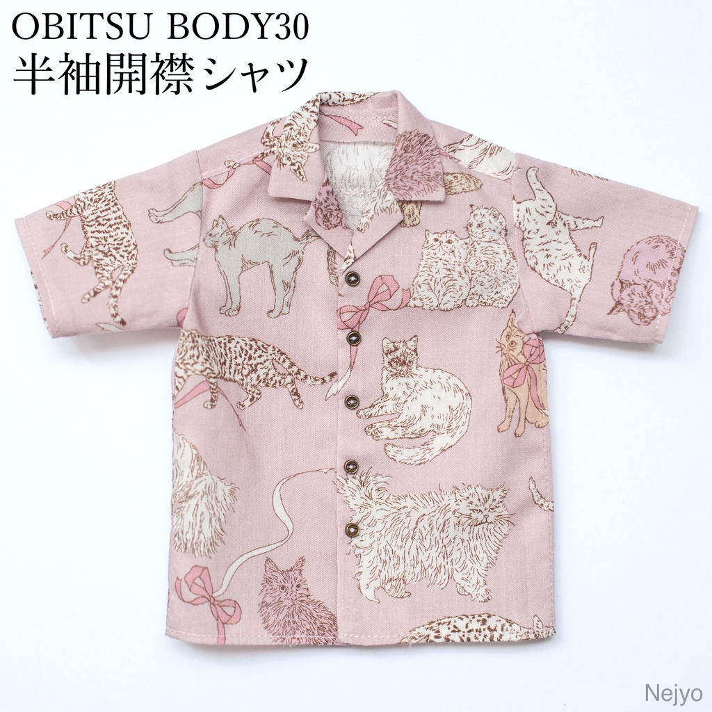 【オビツボディ30】半袖開襟シャツ『猫とリボン-ピンク』
