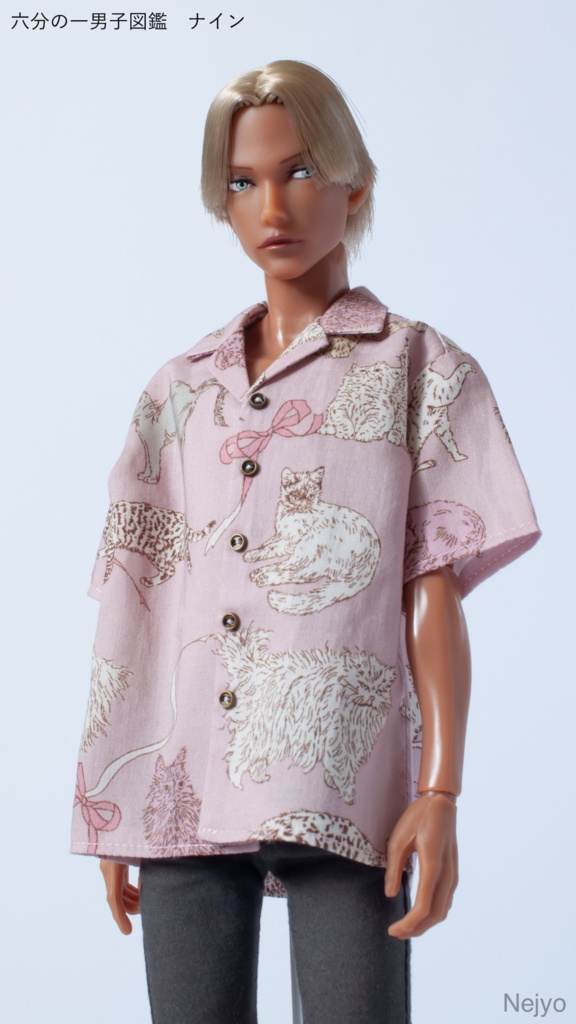 【オビツボディ30】半袖開襟シャツ『猫とリボン-ピンク』