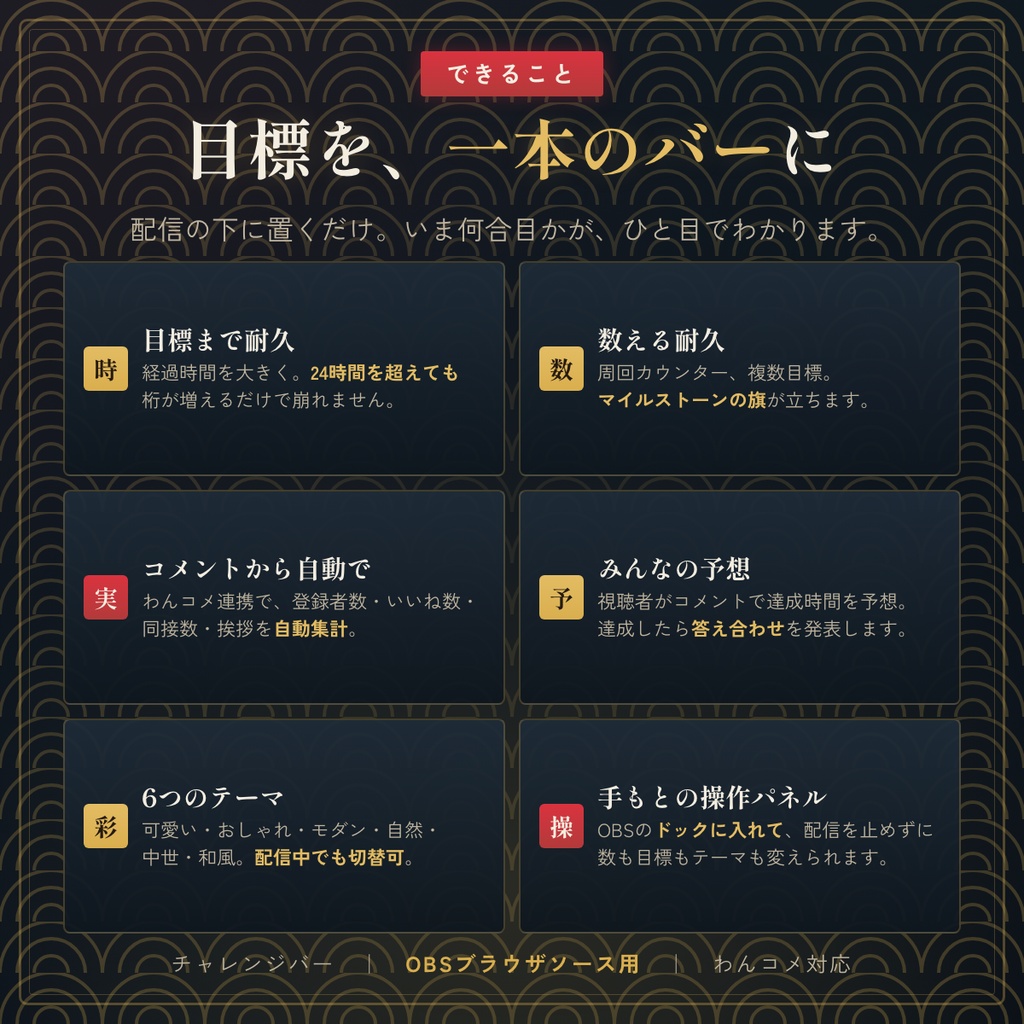 チャレンジバー|耐久配信の「あとどれくらい?」を1本のバーで(わんコメ対応・OBS素材)