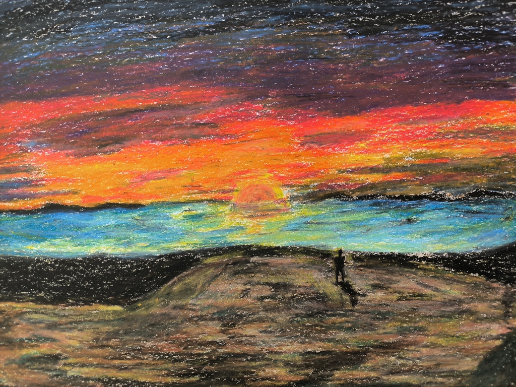 クレヨン画 「不思議な夕日」