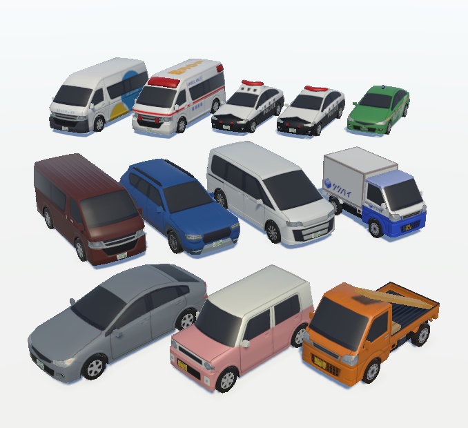 【非実在】低ポリ自動車セットA（現代日本風・中遠景用）