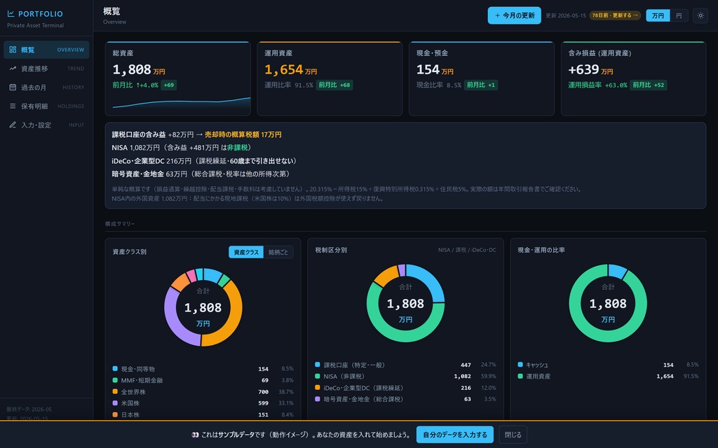 税引き後がわかる資産ダッシュボード Portfolio Terminal|NISA・iDeCo・企業型DC・暗号資産を1枚/AIがスクショから更新