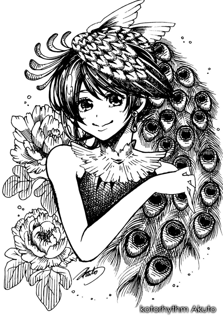 ドローイング原画【孔雀と牡丹】