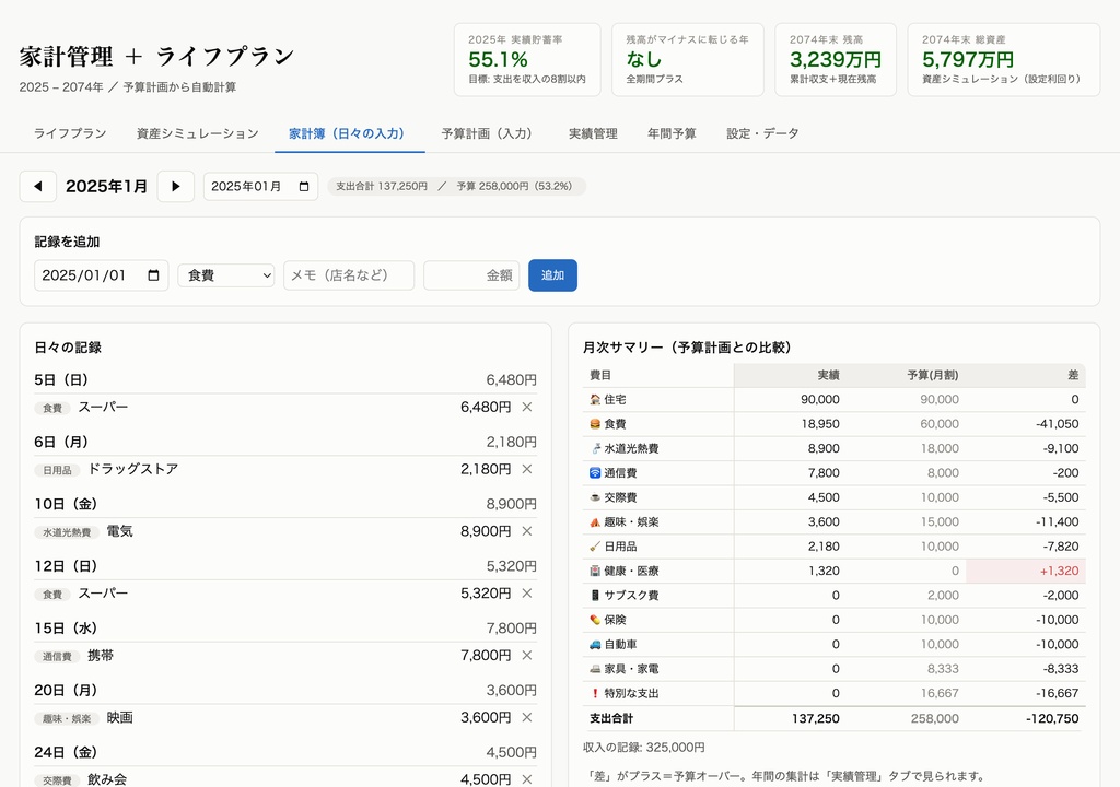 家計ライフプラン — 50年の資産シミュレーション付き家計管理ツール(HTML買い切り)