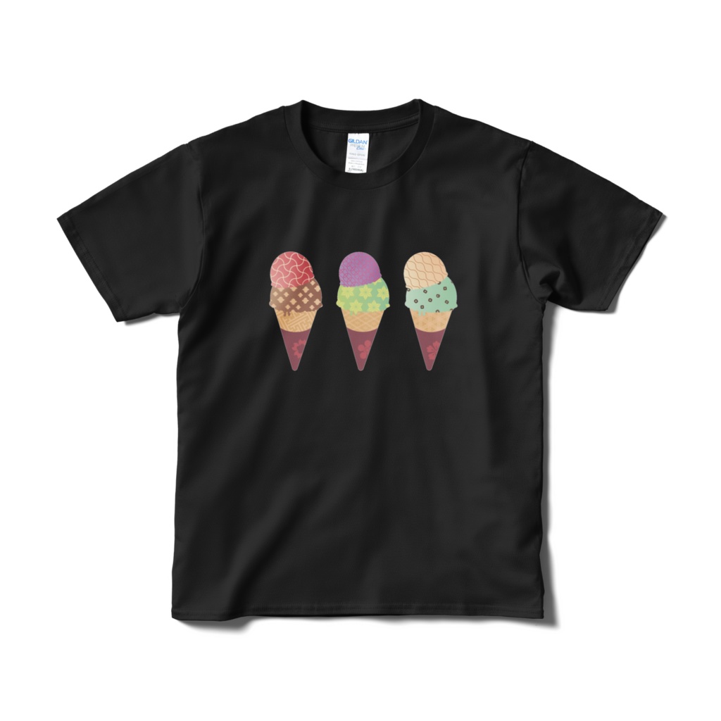 和柄アイスクリームTシャツ黒
