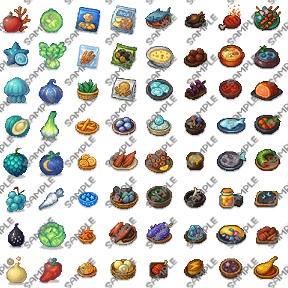 【ドット絵】ファンタジー食材・料理タイルセット(全128種)