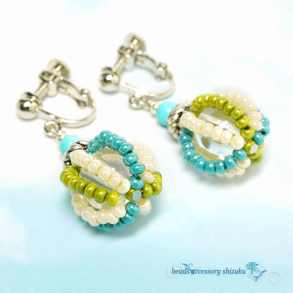 ターコイズ3色ビーズボールイヤリング/ピアス