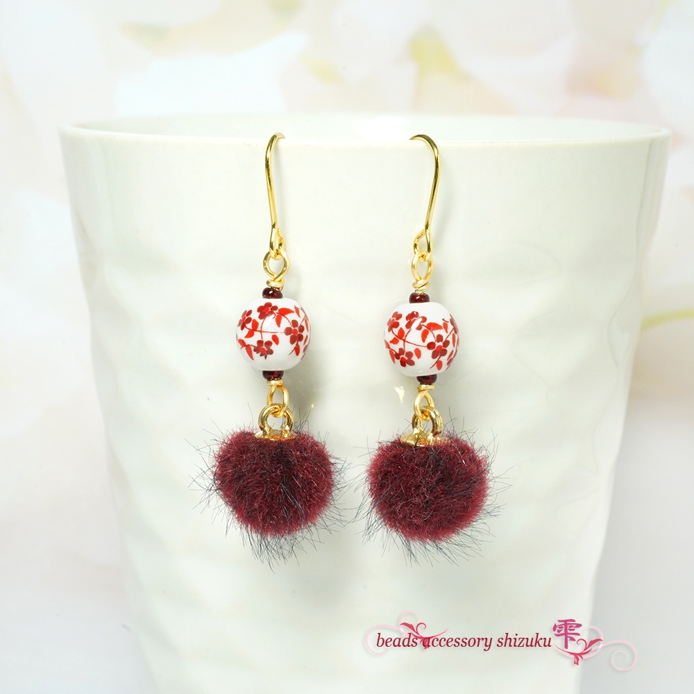 花柄ファーボールピアス／イヤリング＊茜
