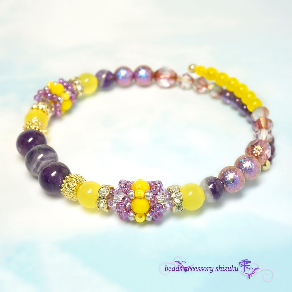 天然石バイカラー コイルブレスレット*yellow&purple