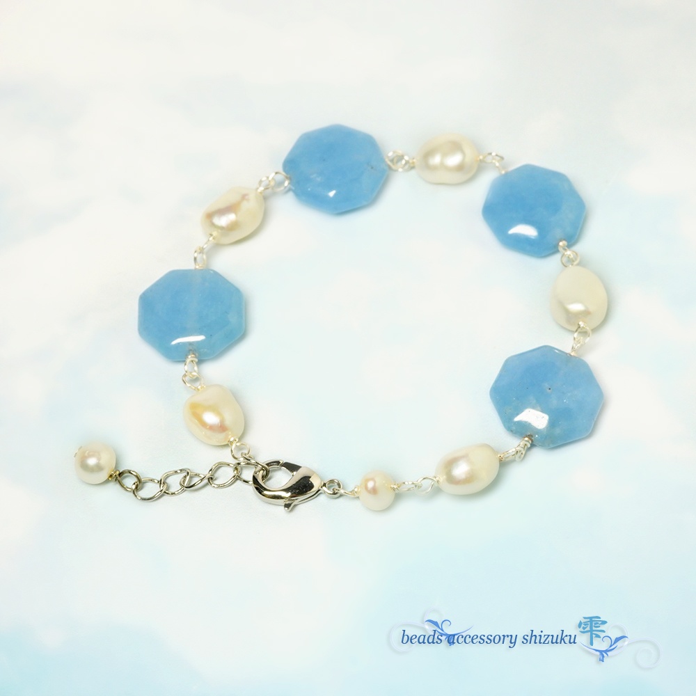 天然石と淡水パールのバイカラーブレスレット