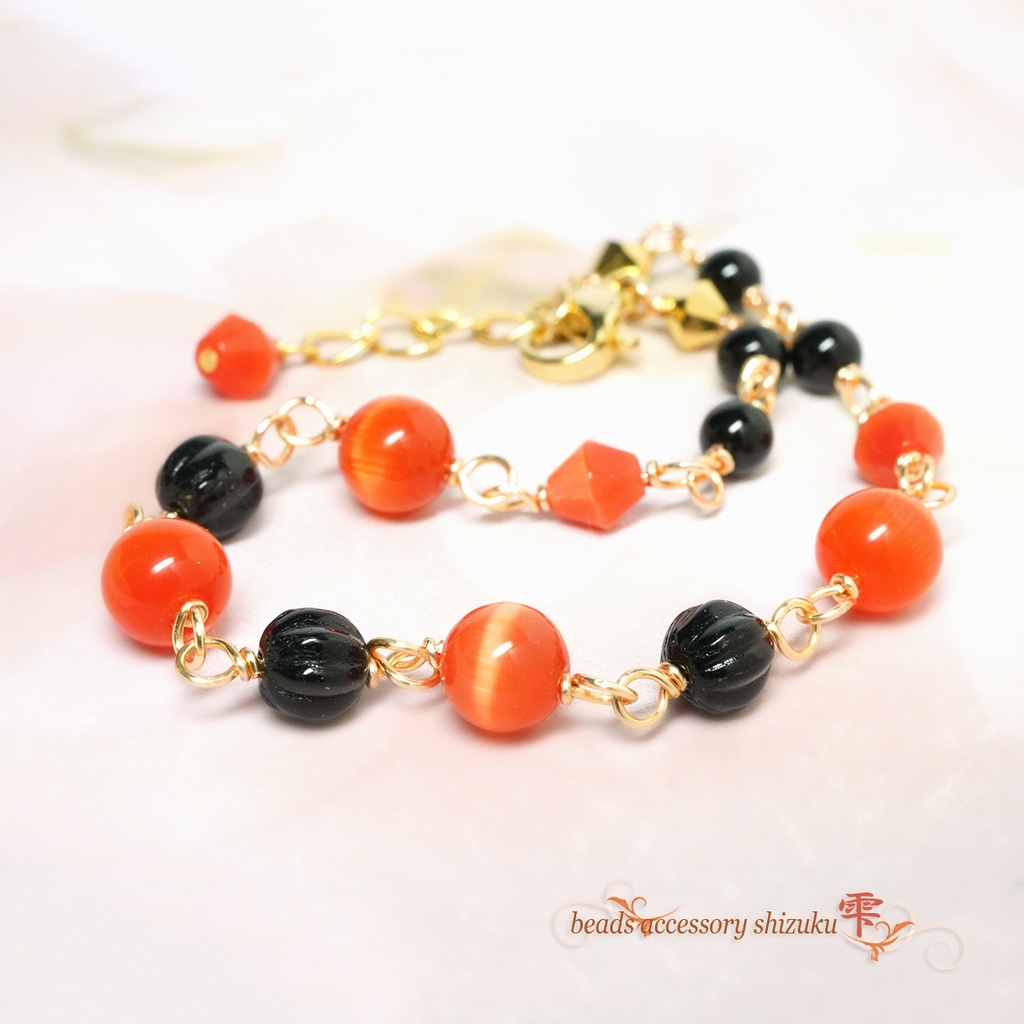 天然石バイカラーブレスレットP*Black&Orange