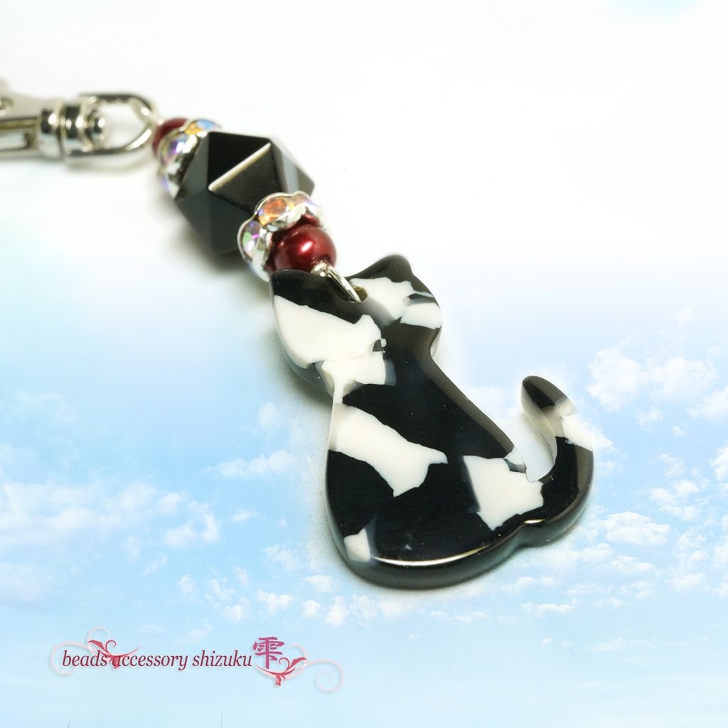 白黒ぶち猫キーホルダー*ストライプオニキス