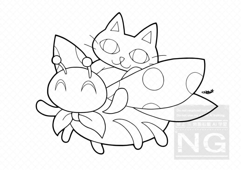 【ぬりえ】テントウ虫とネコ