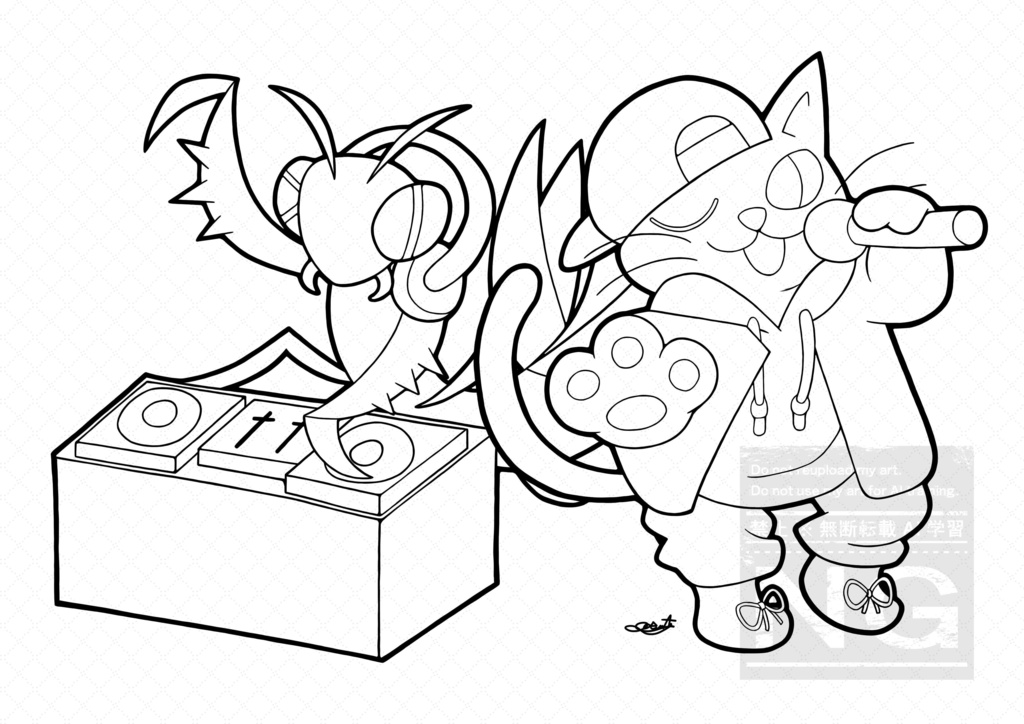 【ぬりえ】DJカマキリとラッパーネコ