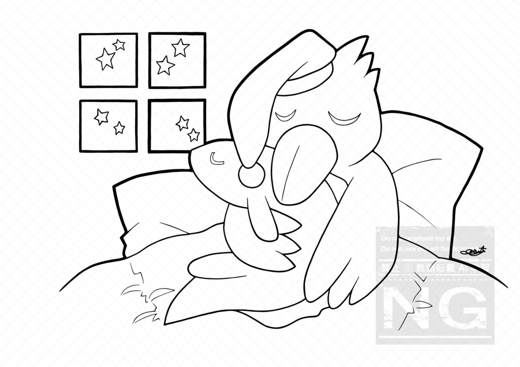 【ぬりえ】ハシビロコウとサカナ
