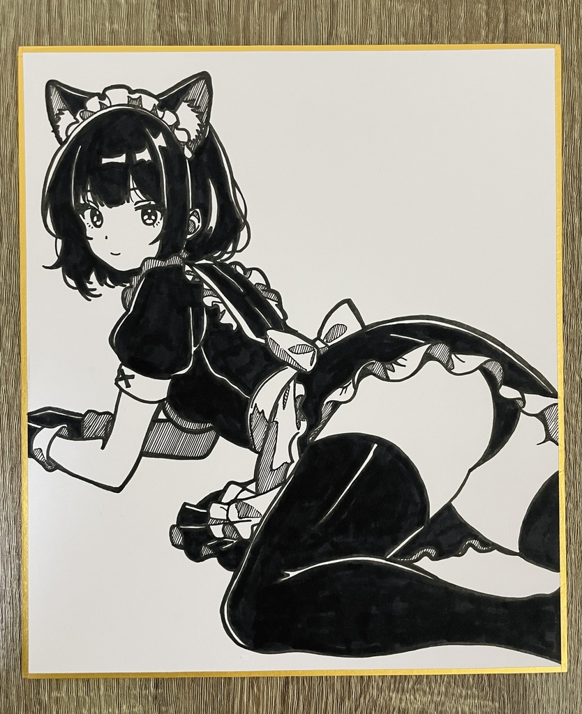 オリジナル 手描きイラスト アナログ　小色紙 猫耳メイドちゃん 可愛い女の子