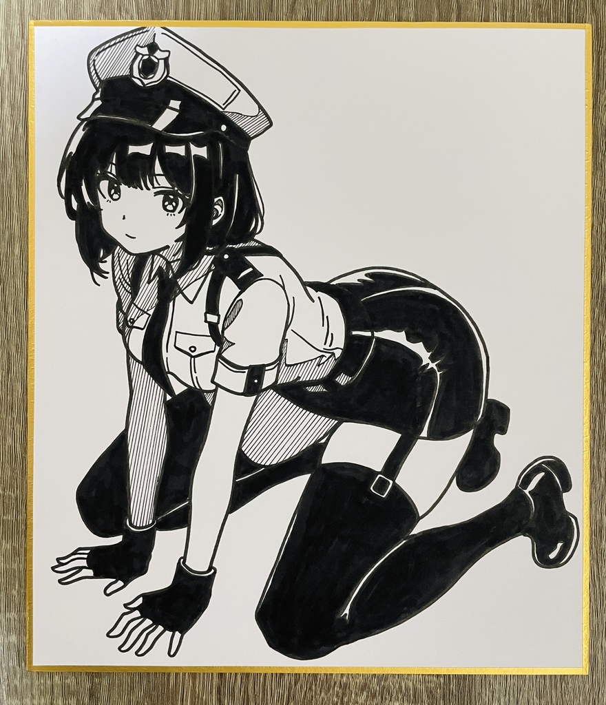オリジナル 手描きイラスト アナログ　小色紙　ポリスコスプレ　可愛い女の子　太もも