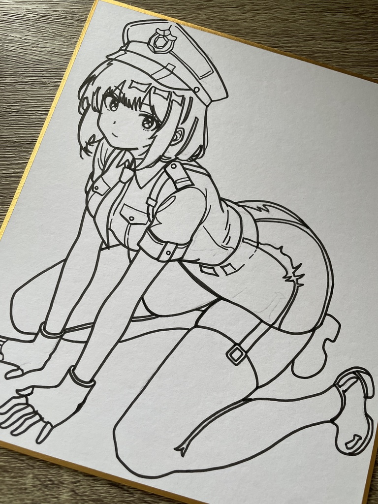 オリジナル 手描きイラスト アナログ 小色紙 ポリスコスプレ 可愛い女の子 太もも