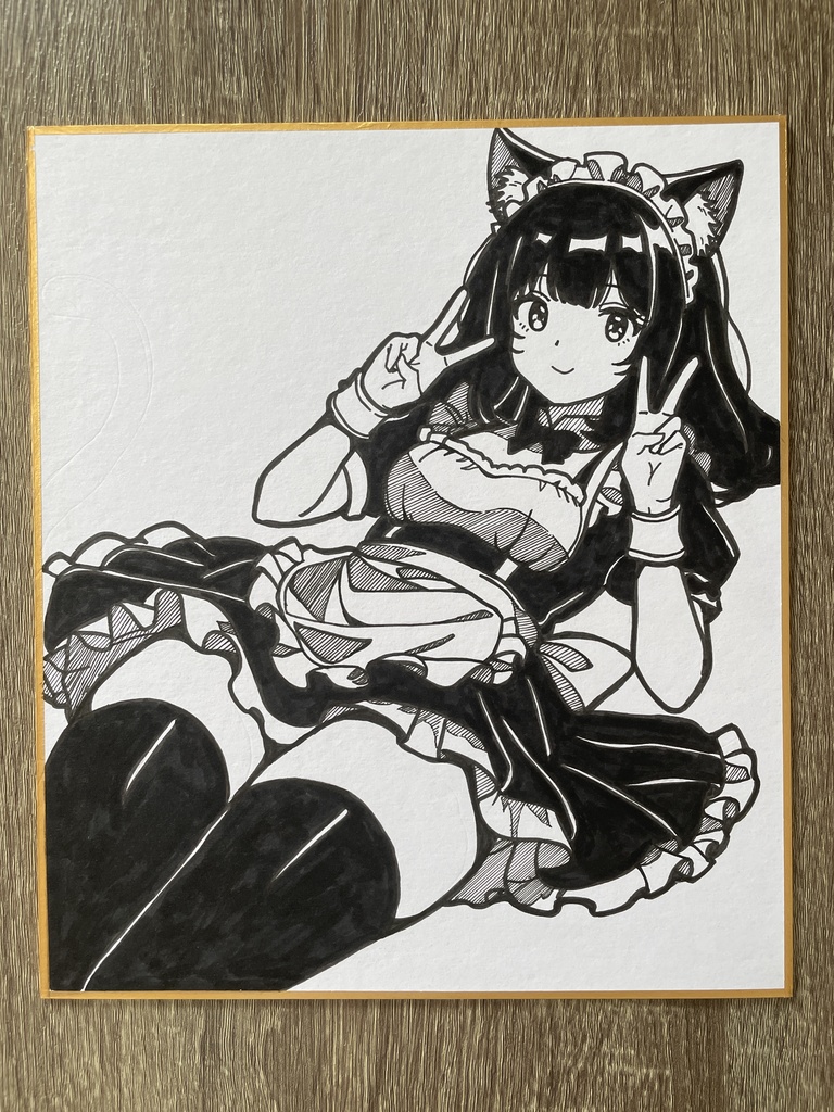 オリジナル 手描きイラスト アナログ　小色紙　猫耳メイドちゃん　可愛い女の子