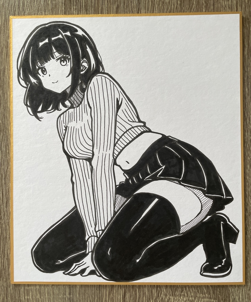 オリジナル 手描きイラスト アナログ　小色紙 ミニスカちゃん　可愛い女の子