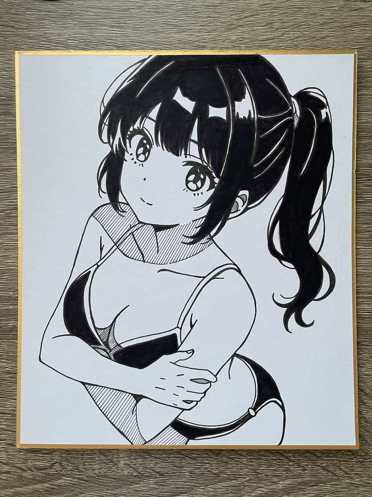 オリジナル 手描きイラスト アナログ　小色紙　可愛い女の子　ビキニ水着