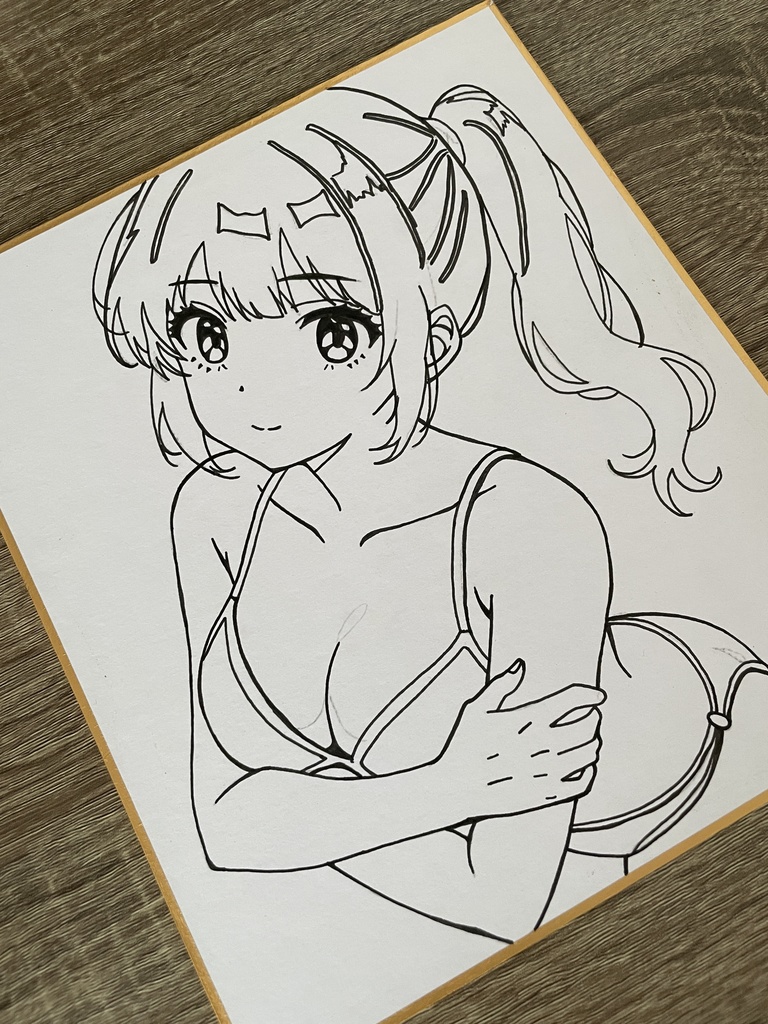 オリジナル 手描きイラスト アナログ 小色紙 可愛い女の子 ビキニ水着